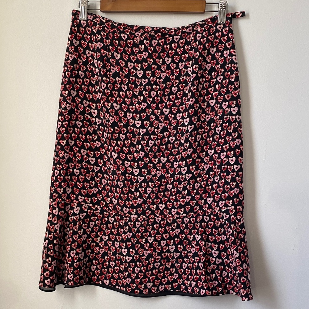 Harold's Black with Pink and Red Hearts A-Line Skirt, size 8, silk